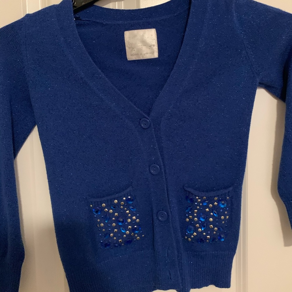 Bright blue sweater with beaded pockets girls